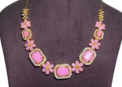 Pink Monalisa Statement Necklace Set ,Gold Plated Earring With Necklace , - Image 1 of 3