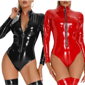 Damen Dessous PU Leder Catsuit Party Body Stehkragen Turnanzug Rollenspiel - Bild 1 von 26