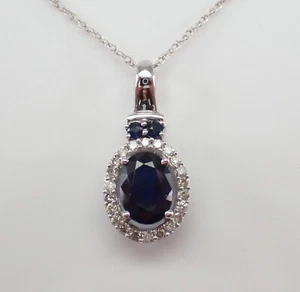 Blue Sapphire and Diamond Halo Necklace Pendant White Gold 18" Choker Chain - Picture 1 of 5