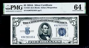 $5 1934A Silver Certificate Fr#1651(KA Block) PMG 64 Choice Uncirculated - Picture 1 of 3