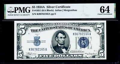 $5 1934A Silver Certificate Fr#1651(KA Block) PMG 64 Choice Uncirculated - Image 1 of 3