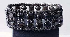 Black Onyx Color Rhinestones 5 Row Bracelet Elastic Band 8.8" Length, P J-5 - Picture 1 of 3