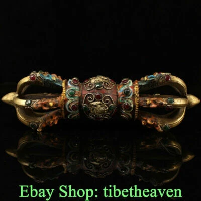 9.2" Old Tibetan Copper Gems 4 arms Chenrezig Buddha Phurba Dagger Holder - Imagem 1 de 4