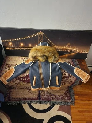 JORDAN CRAIG EL JEFE SHEARLING MOTO JACKET COAT MENS FUR NAVY BLUE TAN RETRO NEW - Image 1 of 4