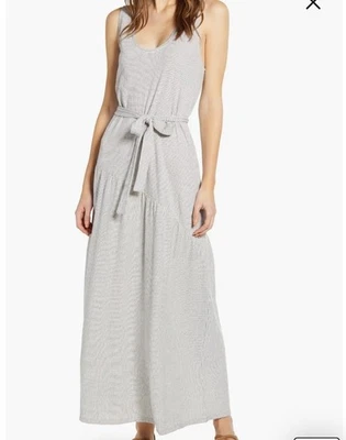 Maxi Vestido Lucky Brand Eliza Rayas Cinturón Sin Mangas Mezcla Algodón M Náutico Foto 1 de 4