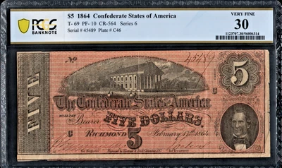 PCGS 30! 1864 CONFEDERATE STATES T-69 $5 NOTE - Image 1 of 2