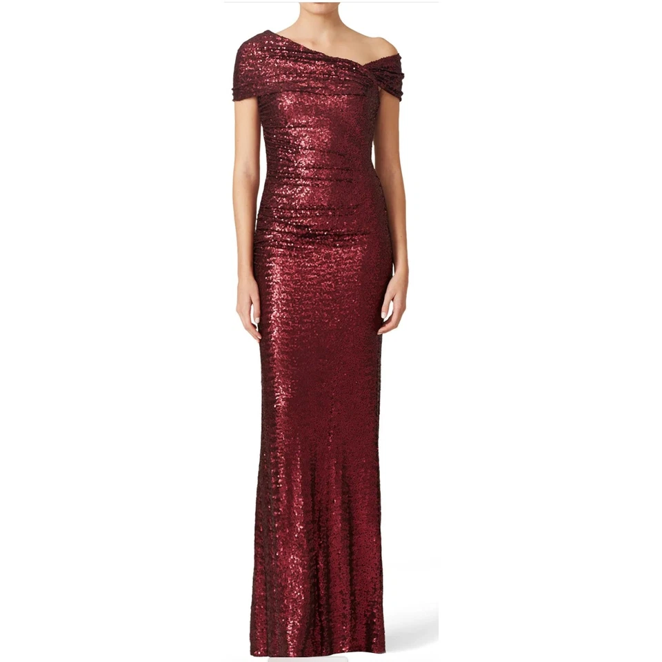 Vestido Badgley Mischka Burdeos Rojo Lentejuelas Talla 22 Hombro Descubierto Formal Lujo $695 Foto 1 de 4