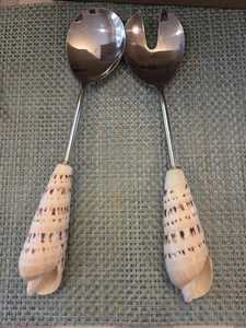 Pottery Barn Serving Set Utensils Seashell Handles 9.5" Silver tone Shells Conch - Picture 1 of 2