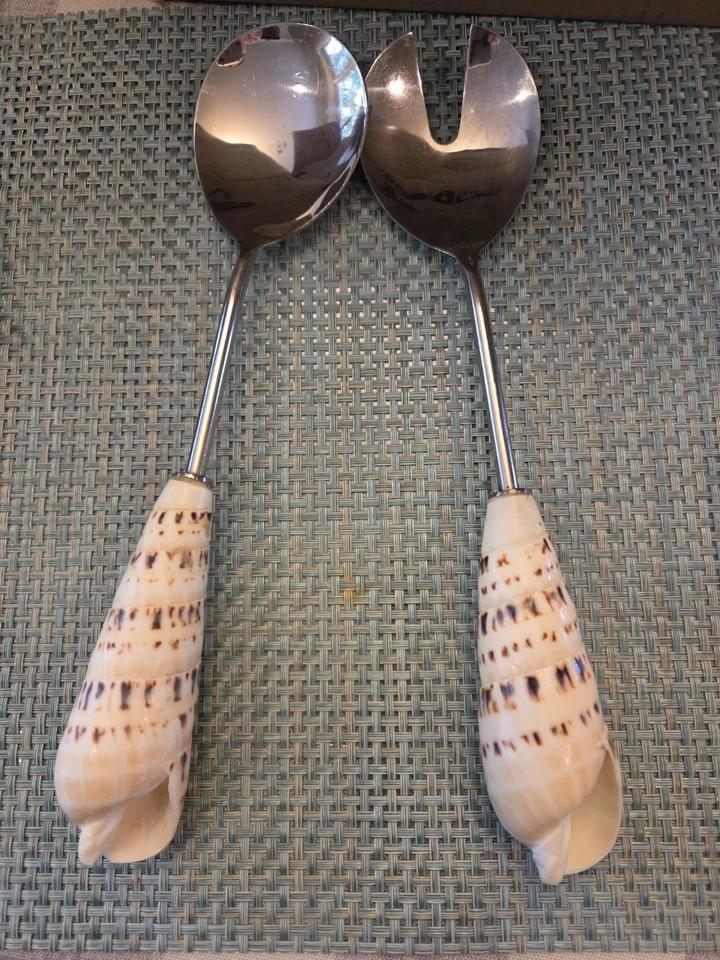 Pottery Barn Serving Set Utensils Seashell Handles 9.5" Silver tone Shells Conch - Image 1 of 2