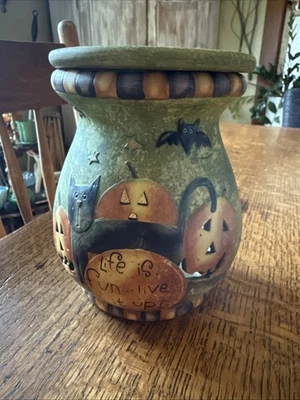 RARO CRISOL VELAS LANG VINTAGE life is fun arte popular Halloween gato calabaza Foto 1 de 4