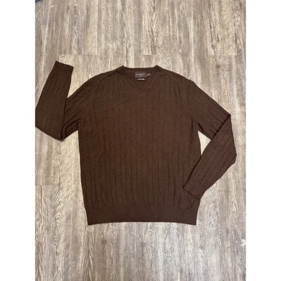 BLACK BROWN CASHMERE Men's V-Neck Sweater Brown Ribbed Knit Long Sleeve - Image 1 of 4
