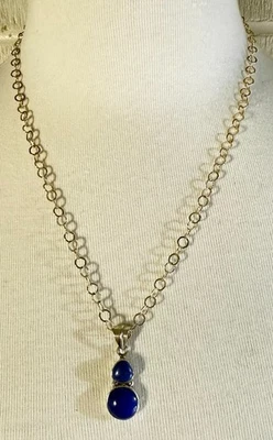 Lapis Lazuli Pendant 2 Stones 20" Sterling Silver Circle Link Necklace & Setting - Image 1 of 4