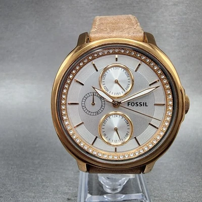 Reloj Fossil Chelsey Mujer 40mm Esfera Plateada Tono Oro Rosa Día Fecha Redondo Nuevo Batt Foto 1 de 4