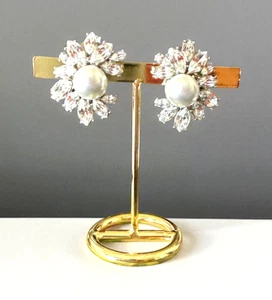 TORY BURCH Signed Silver Tone Rhinestone Cluster Faux Pearl Clip On Earrings - Picture 1 of 4