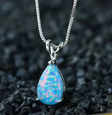 Delicado collar de plata minimalista lágrima colgante ópalo azul mujer joyería regalo Foto 1 de 4