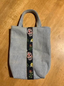 NEW HAND MADE UPCYCLED BLUE DENIM SMALL BUCKET BAG BLACK SKULLS LINING & STRIPE - Picture 1 of 3
