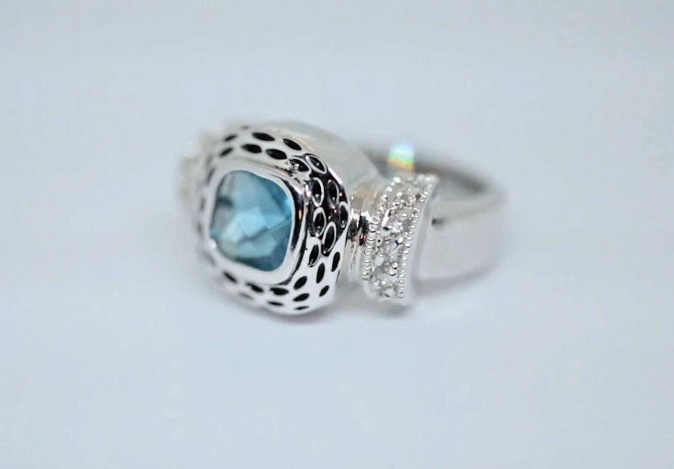 Anillo Mujer Topacio Azul Cielo Simulación Piedra Sobre Tono Plata Inoxidable Talla 6 Foto 1 de 4