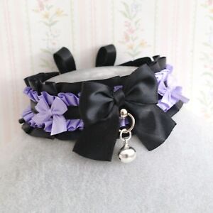black light purple ruffles satin choker necklace , kitten play collar , bow bell