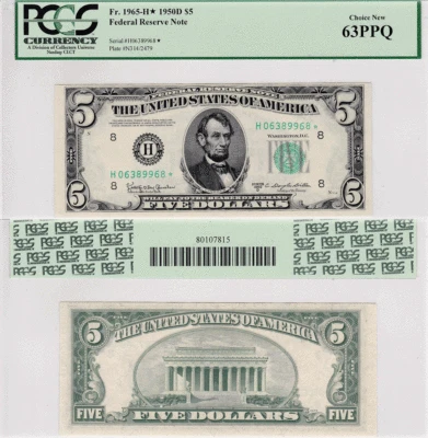 1950-D $5 Federal Reserve Note St. Louis District Star FR 1965-H* PCGS 63PPQ - Image 1 of 4