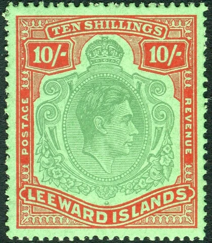 LEEWARD ISLANDS-1944 10/- Pale Green & Dull Red/Green.  A mounted mint Sg 113a Cover