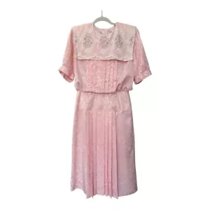 Vintage 80s Nilani Victorian Secretary Garden Tea Dress Sz 12 Pink Pleated - Picture 1 of 10