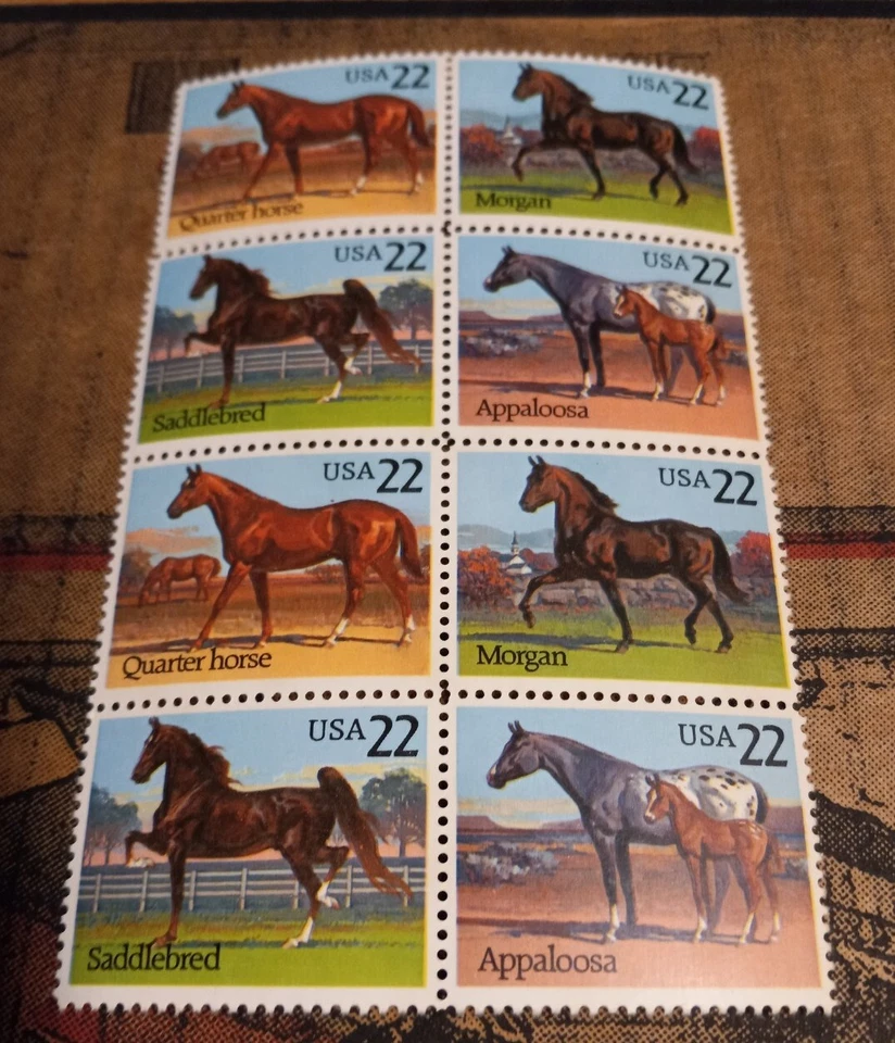 1985 22¢ Horses Stamp Block of 8 U.S. #2155-58 MNH Morgan Quarter - Image 1 of 1