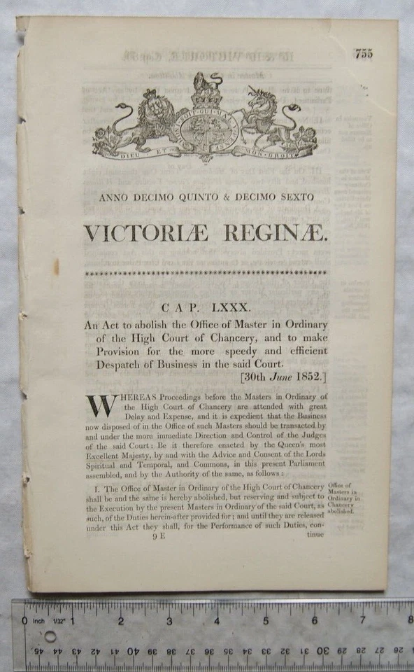 1852 Act of Parliament: abolish Office Master in Ordinary High Court of Chancery - Image 1 of 1