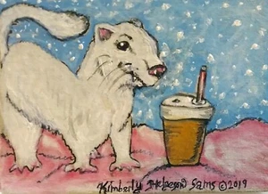ACEO White Ferret Drinking a Snowflake Mocha Art Print 2.5x3.5 Signed by Artist - Picture 1 of 1