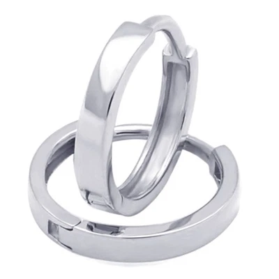 Men 14K White Gold Plain Flat Design 10mm Length Huggie Hoop Earrings - Image 1 of 4