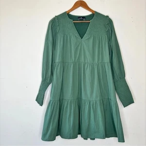 Pomander Place Ceci gesmoktes Minikleid Langarm grün Stufen Baumwolle Größe S - Bild 1 von 12