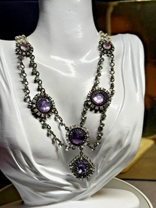 Vintage necklace Victorian AB Rhinestones Faux Pearls Y-Drop Gold Tone Metal - Picture 1 of 22