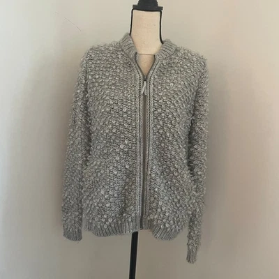 Lucky Brand Knit Zip Up Grandpa Sweater Medium Gray Textured Jacket Y2K Chunky - Image 1 of 4