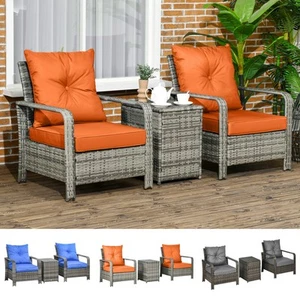 3 Pcs PE Rattan Garden Seating Set w/ 2 Padded Chair Storage Table - Picture 1 of 34