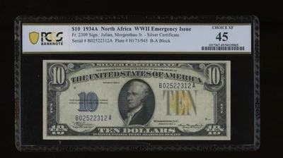 DBR 1934-A $10 North Africa Silver Fr. 2309 PCGS-B 45 Serial B02522312A - Image 1 of 2