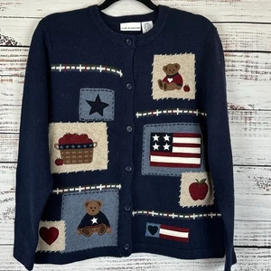 Cárdigan para mujer de colección Croft & Barrow con botones azul marino bordado bandera oso abuela M - Imagen 1 de 8