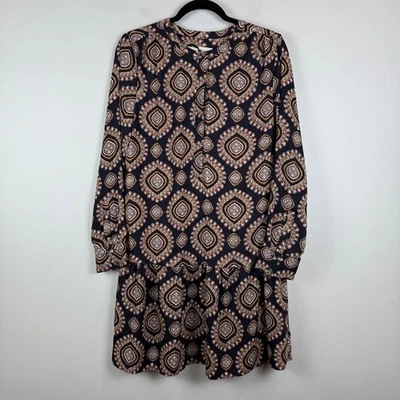 Ann Taylor Loft Shift Dress Women's Sz M Navy Gold Medallion Drop Hem Boho Artsy - Image 1 of 4