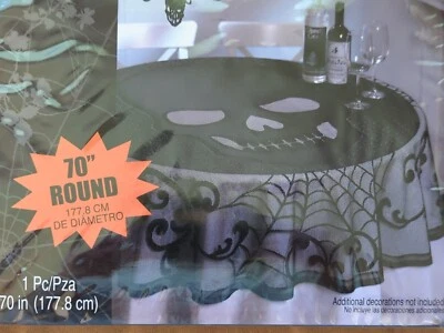 Halloween Lace Black Skull  Skeleton Party Decoration 70" Round Tablecover Amcan - Image 1 of 4