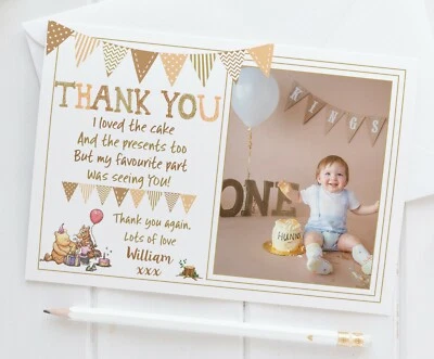 10 tarjetas de agradecimiento personalizadas con foto de Winnie The Pooh / cumpleaños / bautizo Foto 1 de 2