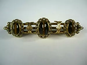 Antique 14K Yellow Gold Brooch w 3 Tiger Eye Cabochons & Many Seed Pearls, 5.1g - Picture 1 of 5