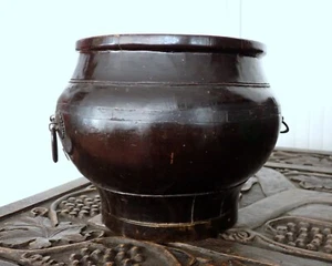 Chinese Lacquered Wooden Pot Coopered Metal Handles Antique Jardiniere Plant Pot - Picture 1 of 5