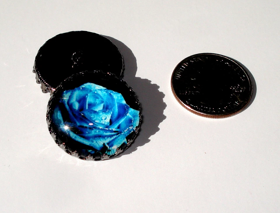 Blue Rose Glass Dome Button handcrafted collectible shank gunmetal crown  - Image 1 of 1