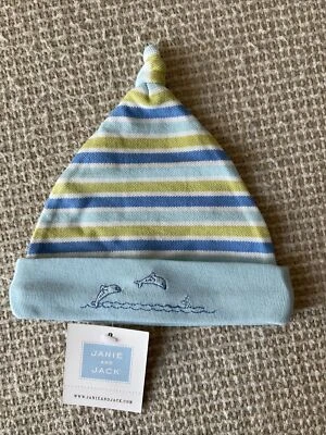 VTG Janie & Jack Beanie Cap Hat Striped Dolphins Nautical Newborn NWT 0-3 Months - Image 1 of 4