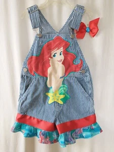 Custom boutique Disney Little Mermaid Ariel denim short overalls size 4T - Picture 1 of 2