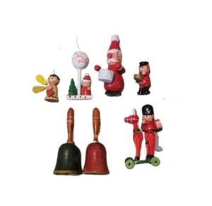 Campanelle Babbo Natale Vintage Decorazioni Natalizie Piccole Miniature Legno Legno - Foto 1 di 8