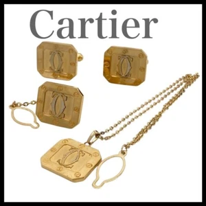 Authentic Cartier C2 Gold Cufflinks Tie Pin Set 4-Piece Men's Gift Used - Picture 1 of 13