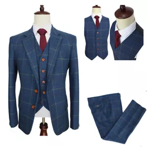 Blue Wool Blend Plaid Men Suit Check Vintage Tweed Groom Tuxedos Party Prom Suit - Picture 1 of 11