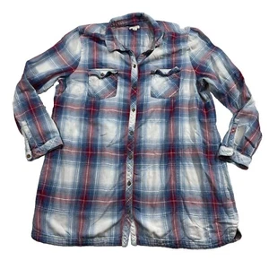 Top tunica J.Jill denim a quadri in flanella con bottoni taglia XL rosso blu autunno O15 - Foto 1 di 4