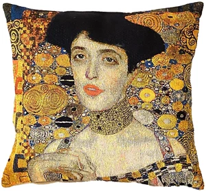BELGIAN TAPESTRY KLIMT LADY IN GOLD CUSHION PILLOW COVER, 18", ZIP, VELVET BACK - Picture 1 of 7