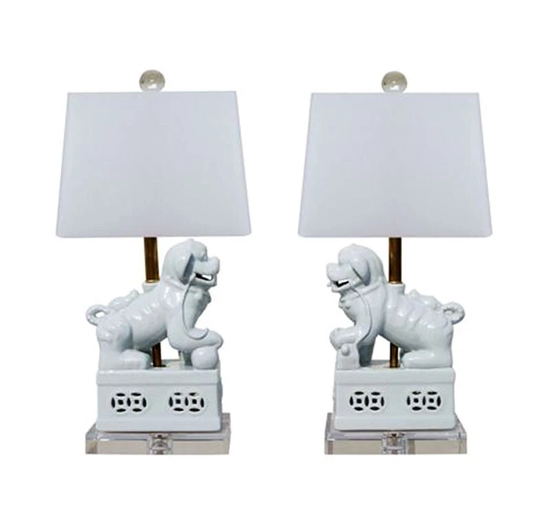 Pallandian 蓝色一对瓷制 Foo 狗灯带水晶底座 22.5 英寸 H 12 英寸 W — 第 1/1 张图片