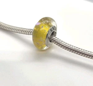 🩷Yellow Foil Glitter Murano Glass Bead Charm Genuine S925 Sterling Silver🩷 - Picture 1 of 5